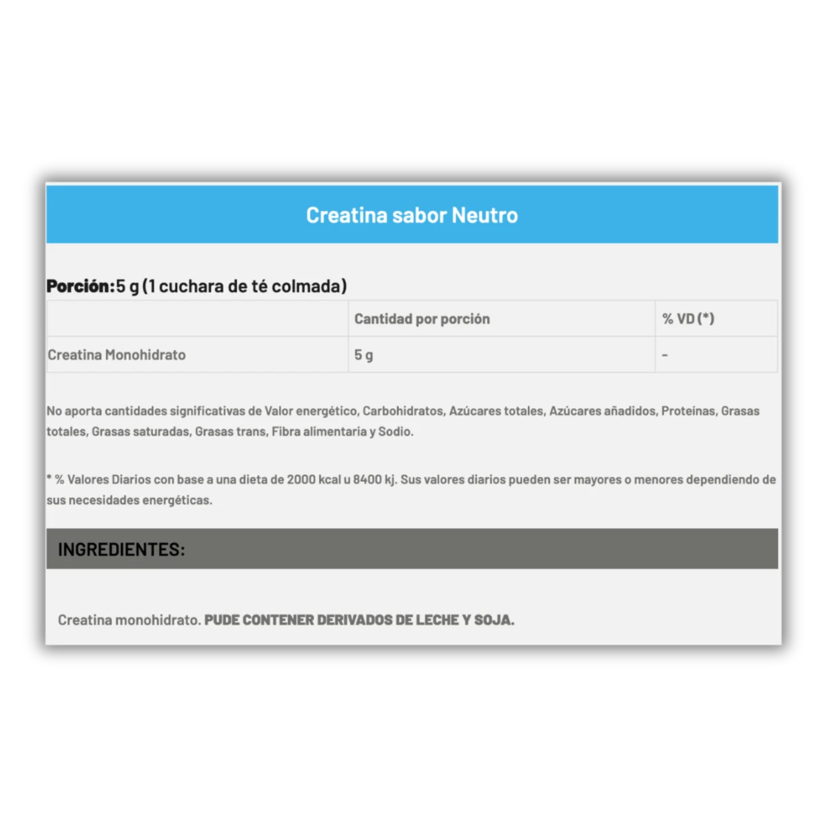 ENA Creatina Monohidrato Micronizada Neutro Tabla Nutricional