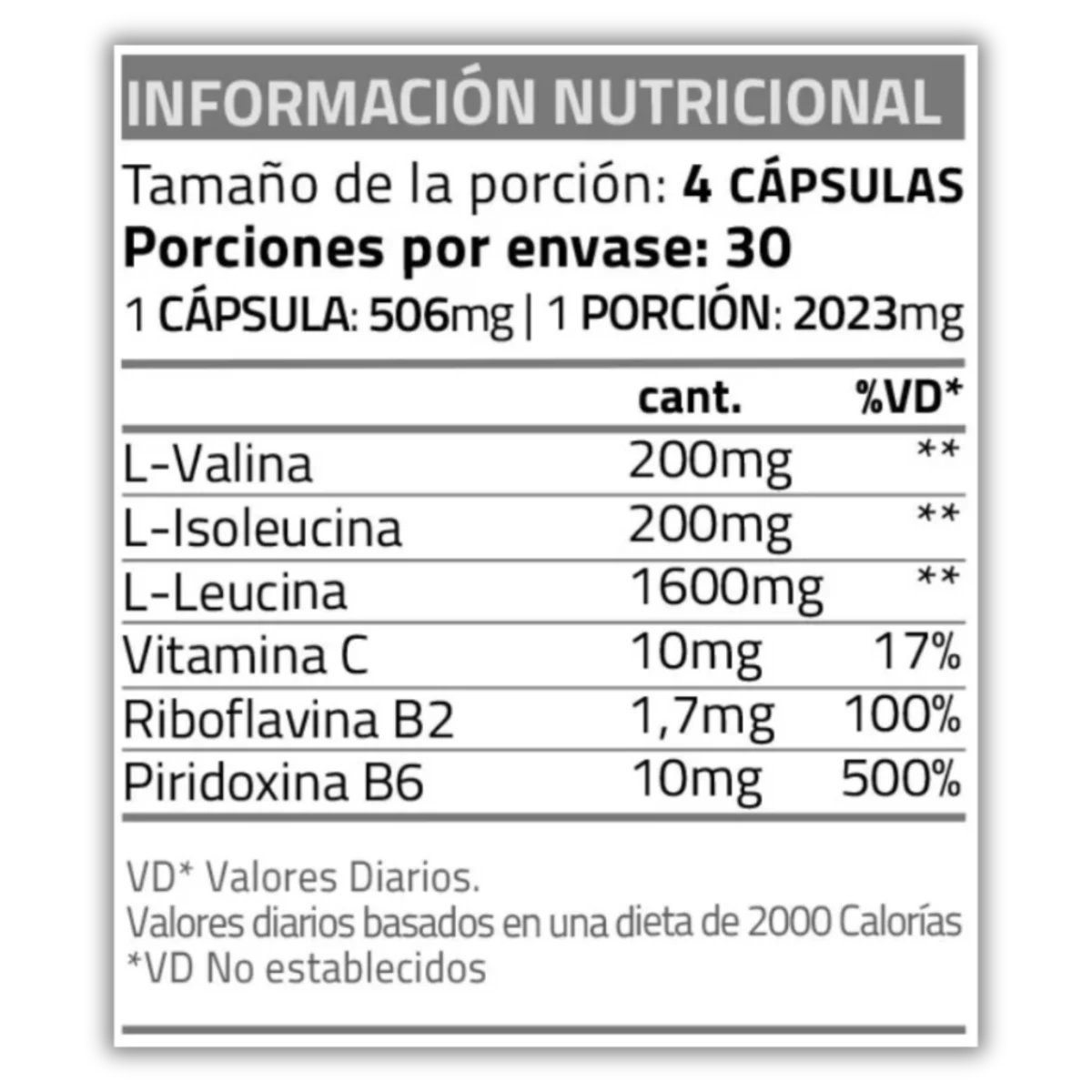 Star Nutrition BCAA 2000 Tabla Nutricional