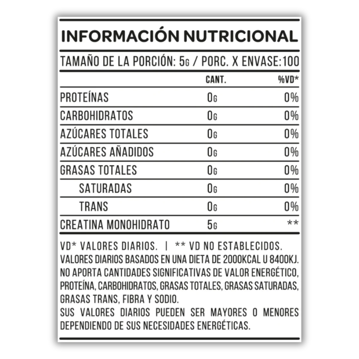 Star Nutrition Creatine Monohydrate 500 grs Tabla Nutricional