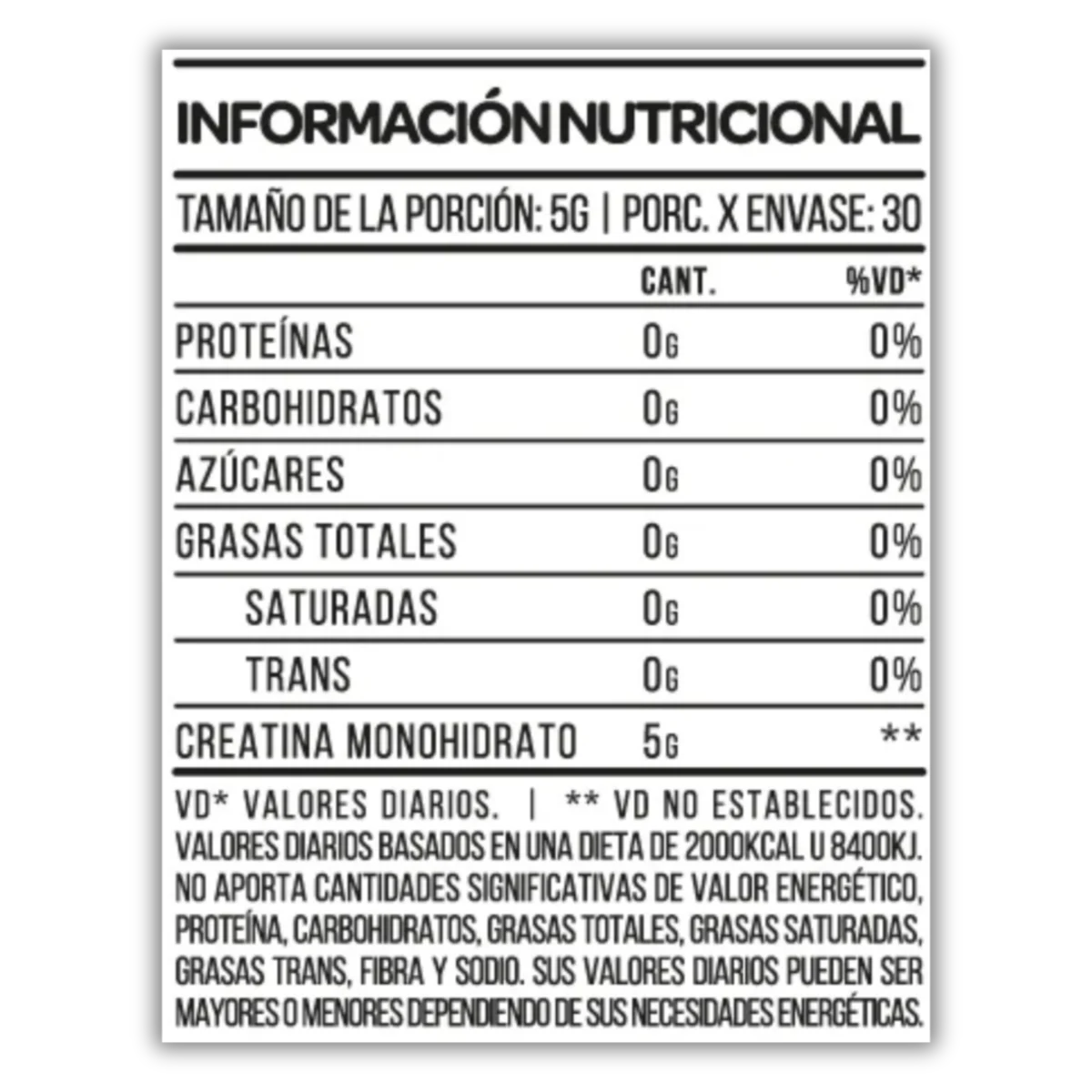 Star Nutrition Creatine Monohydrate 150 grs Tabla Nutricional