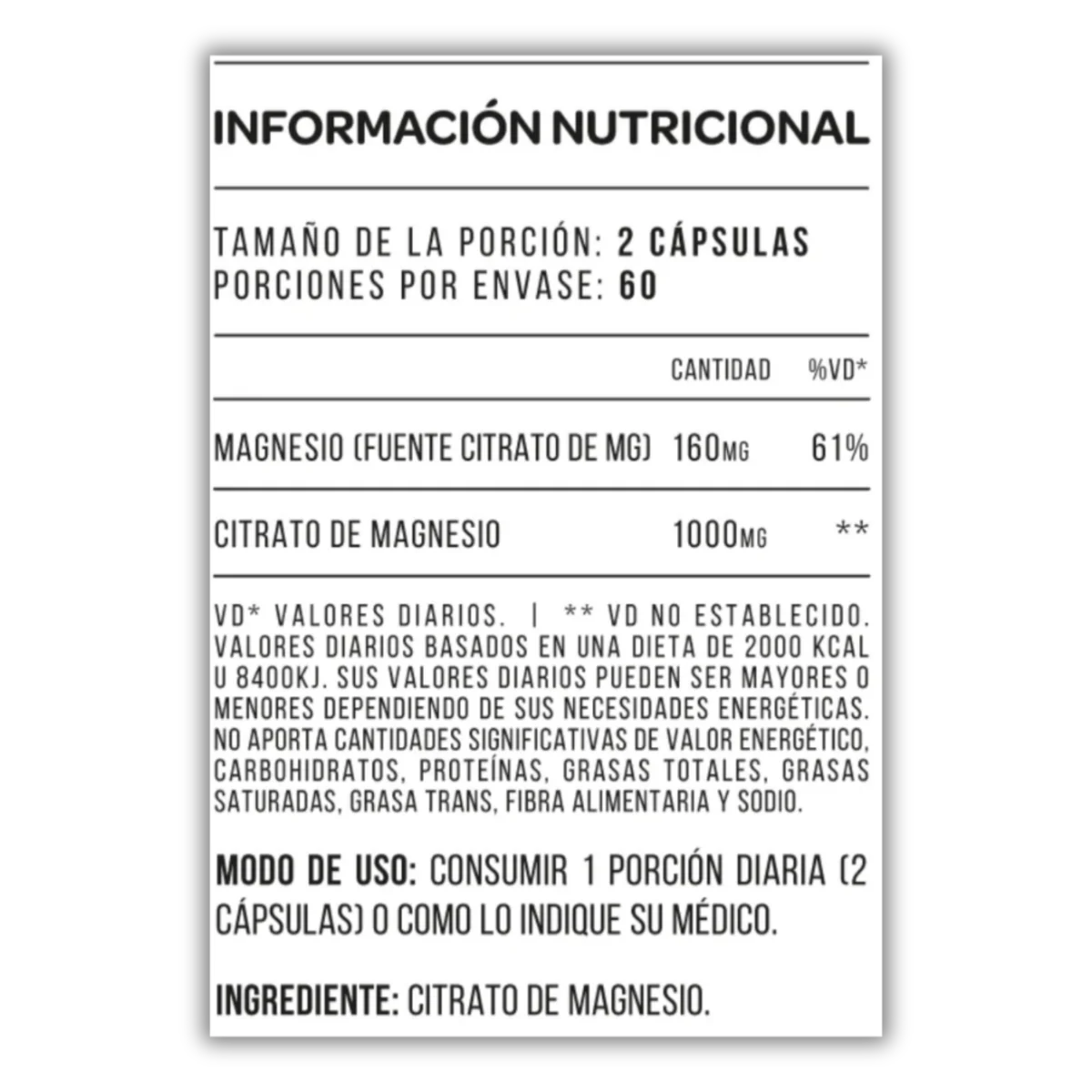 Star Nutrition Citrato de Magnesio 60 cápsulas Tabla Nutricional